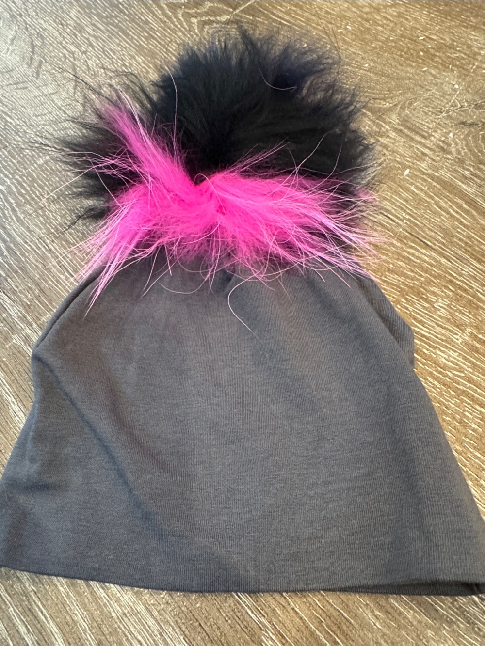 Black Knit Beanie with Pink and Black Faux Fur Pom